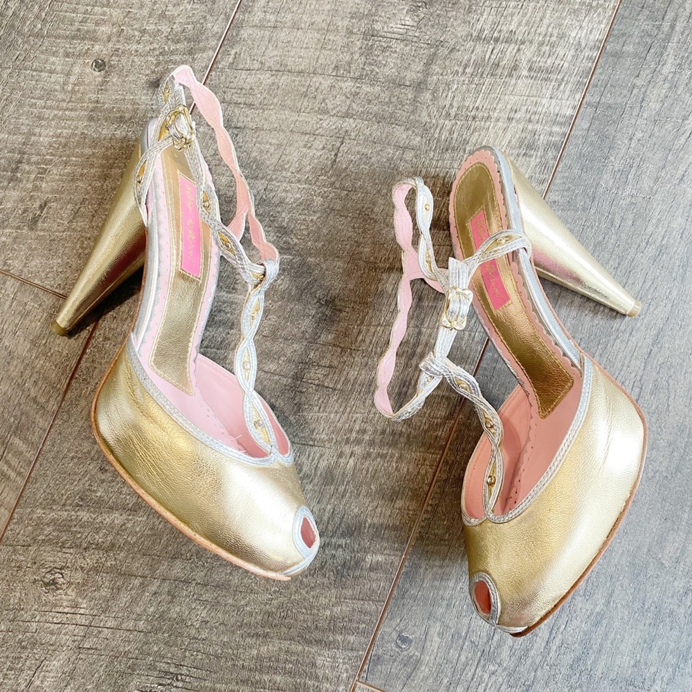 Betsy Johnson Peep Toe Gold Braided T-Strap Heels